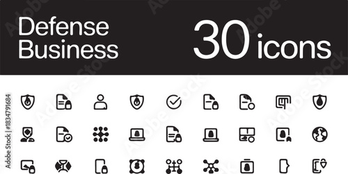 Thirty minimalist vector icons for modern business and cybersecurity needs, featuring diverse symbols for data, user management, and secure information systems