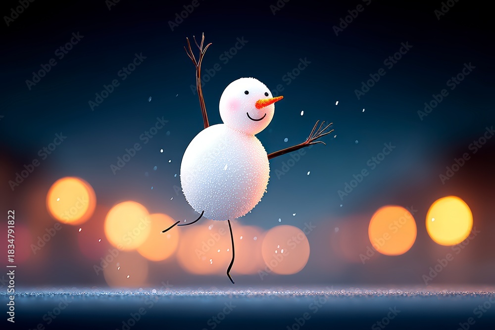 Obraz premium A cheerful snowman with twig arms dances outdoors with blurred bokeh lights in the background and falling snow