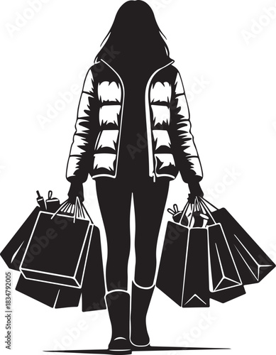 Shopping woman silhouette holding bags

Shopping girl with purchases vector icon

Shopping female consumer winter sale