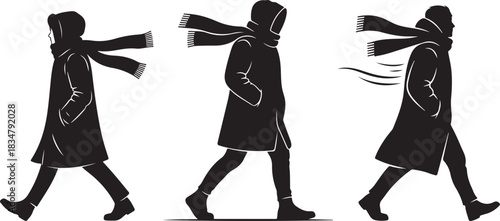 Walking man silhouette in windy weather

Walking person battling strong wind vector

Walking male figure in winter coat