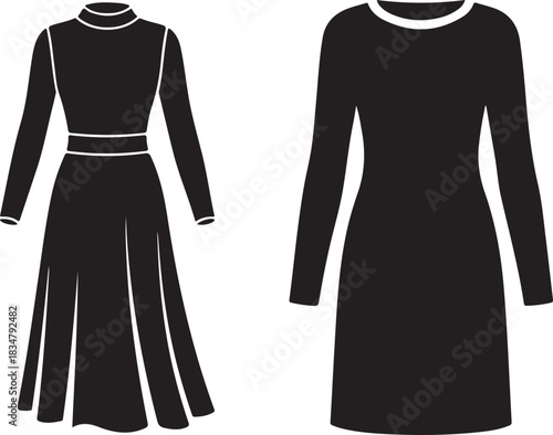 Elegant Modest Maxi Dress Vector with High Neck and Long Sleeves

Formal Long Black Dress Silhouette - High Collar Gown

Women's A-Line Full-Length Dress Icon with Belted Waist