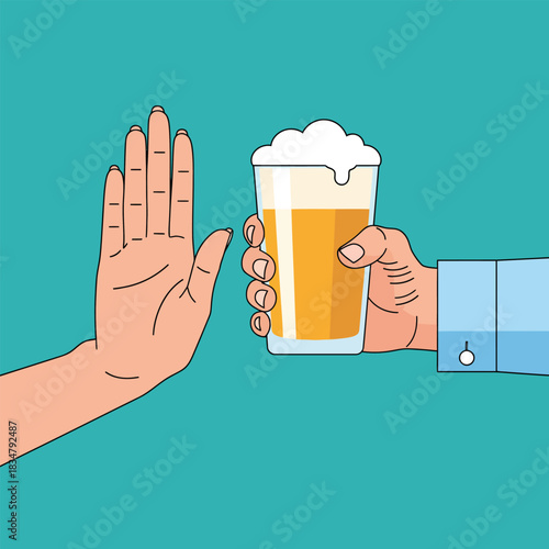 A hand gesturing stop to refuse an offered glass of foamy beer symbolizing sobriety and saying no to alcohol.
