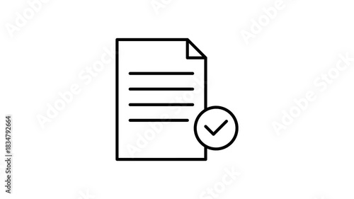 Black and white outline of a document featuring a checkmark, symbolizing approval or completion.