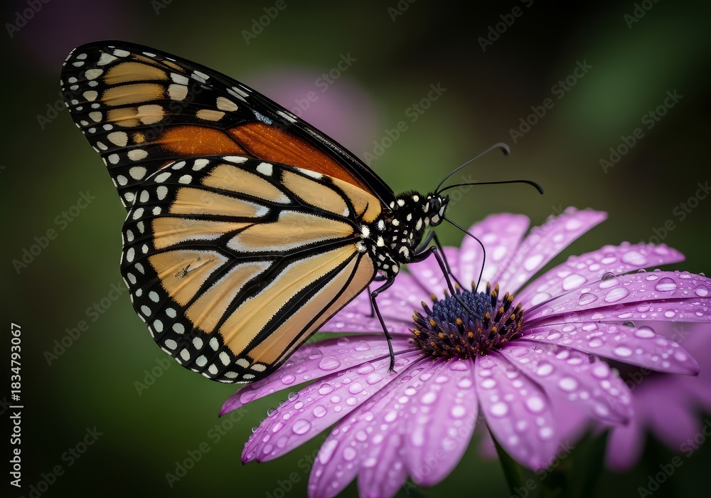 Fototapeta premium A monarch butterfly perched on a purple daisy covered in water droplets in a garden setting view