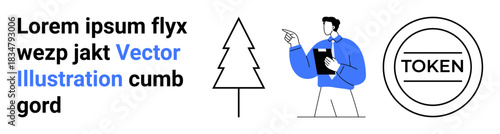 Business analysis, environmental awareness, branding, conceptual design, vector graphics, digital tokens. Minimalist design a man with clipboard, tree outline circular token. Business analysis