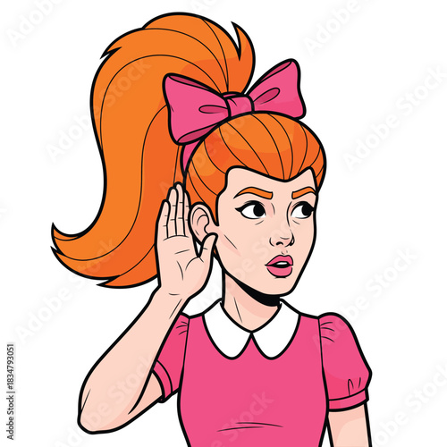 Cartoon woman with an orange ponytail and pink bow cupping her hand to her ear to listen intently.