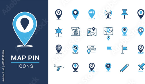 Map pin icons set, location and navigation symbols, flat vector illustration for GPS, tracking, geotagging, and digital maps