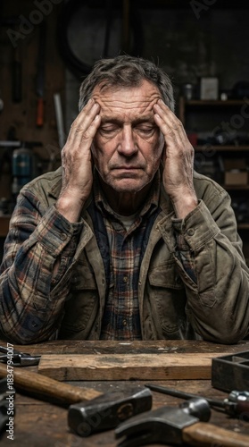 Stressed senior man in workshop hands on head surrounded by tools feeling overwhelmed and frustrated.