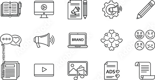 Digital Marketing, Social Media, and Content Creation Black Line Icons Set: Brand Strategy, Video, Advertising, SEO, Feedback, and Promotion Graphics Collection.