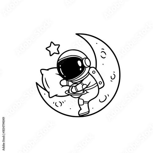 Cute Astronaut Sleeping on Moon Line Art Illustration. Kawaii Cartoon Black and White Vector Icon for Dream, Calm, or Space Theme. generative ai 