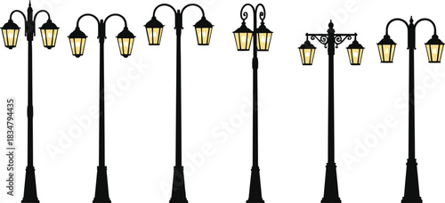 Elegant vintage street lamp post illustration collection glowing in night style for urban lighting design, city architecture, outdoor decorative artwork