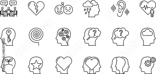Psychology, Mental Health, and Emotional Well-being Black Line Icons Set: Counseling, Therapy, Broken Heart, Bipolar Disorder, and Mind Care Graphics.