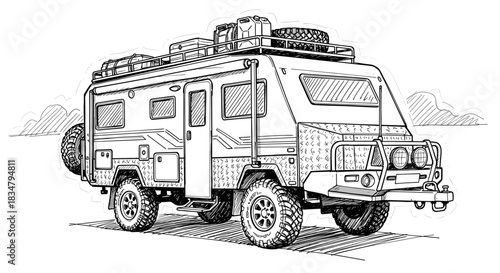 Off road camper trailer drawing with roof rack and spare tire