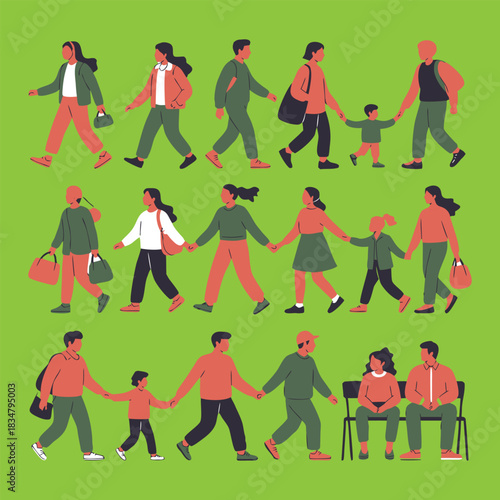 A diverse group of people walking and interacting in a stylized illustration