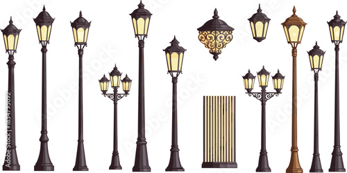 Vintage street lamps collection, classic outdoor lantern illustrations, decorative urban lighting set, antique lamp posts, retro city lights, ornate lamp designs artwork