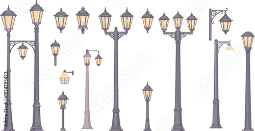 Vintage street lamps collection illustration, decorative outdoor lanterns set, classic urban lighting design elements, antique streetlight vector artwork for cityscape scenes