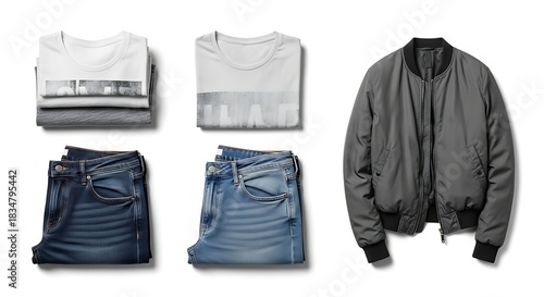 Folded clothing garments and jacket on white backdrop