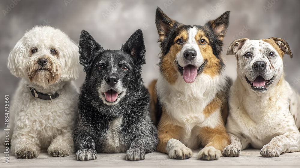 Obraz premium Four mixed breed dogs lying down together on neutral background, showing happy and calm expressions with bright eyes and relaxed posture