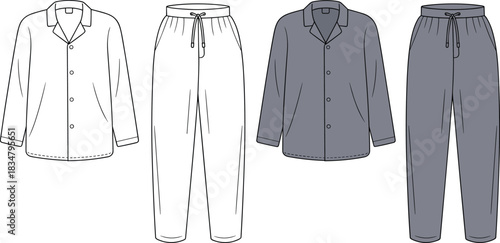 Front and flat sketch of men's pajama set, fashion illustration of loungewear top and pants in colored and outline view