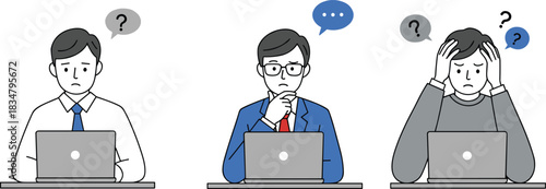 Frustrated office workers using laptop, confused businessmen at desk, thinking, stress, anxiety, workplace problem-solving, computer issue illustration, business challenge concept, flat vector design