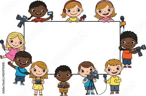 Group of diverse cartoon kids holding microphones and cameras around blank board, journalism and media themed illustration on white background