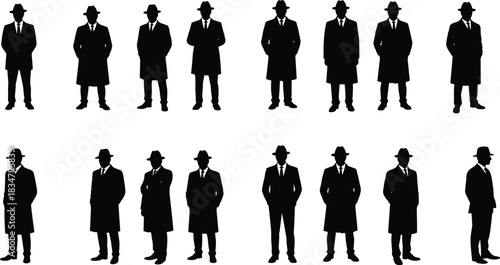 Group of male silhouettes in business suits and hats, standing in multiple poses, corporate team concept, detective mystery illustration, vintage style
