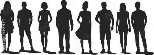 Group of people silhouettes, standing individuals, diverse poses, men and women, black silhouettes, isolated on white background, casual stance, social interaction, body language, modern style