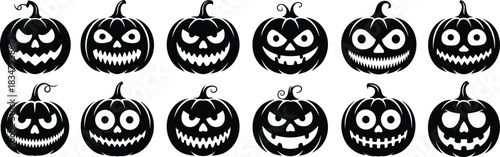 Halloween pumpkin faces, spooky jack-o'-lantern silhouettes, scary carved pumpkins collection, horror face design