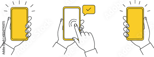 Hand holding smartphone, finger tapping mobile screen, yellow phone interface, touch screen gesture, mobile device illustration, flat vector icon, communication technology, app interaction graphic