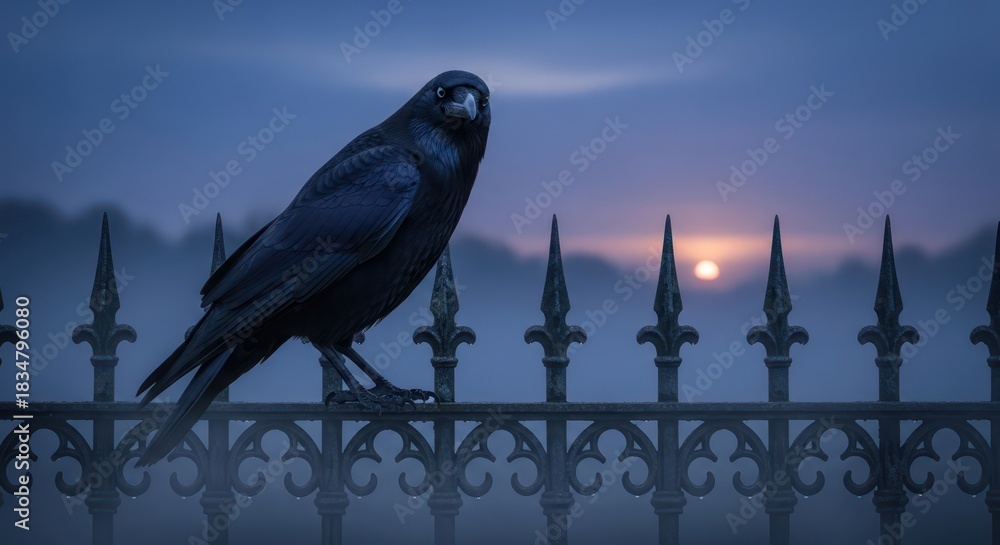 Obraz premium Raven perched on gothic wrought iron fence against a twilight foggy backdrop