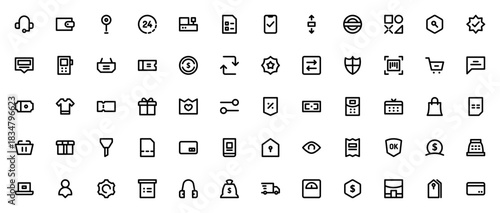 Ecommerce icon set. Business vector icons pack. Incldes symbols for shopping crt, credit card, delivery,money, wallet, barcode andmore. Editable stroke.