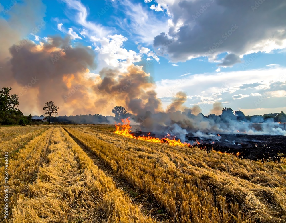 Fototapeta premium Devastating Wildfire Consuming a Field of Dry Grass Under a Cloudy Sky.