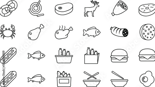 Meat, Seafood, Fast Food, and Grocery Products Black Line Icons Set: Burger, Sausage, Fish, Crab, Steak, and Vegetable Shopping Collection.
