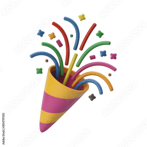 Colorful Party Popper Exploding with Confetti on White Background