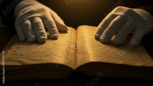 Hands in white gloves turning pages of an old book.