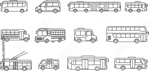 Public Transportation and Mass Transit Vehicles Black Line Icons Set: Bus, Trolleybus, School Bus, Van, and Double-Decker Collection.