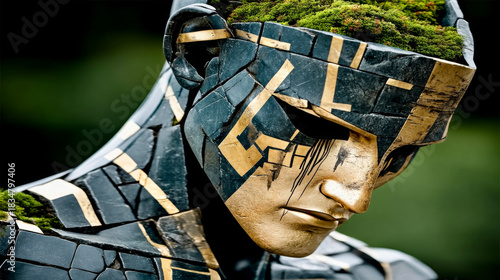 Statue with green elements shows art and nature blend in urban setting