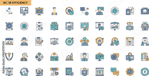 Work efficiency icons, productivity tools, business operations, time management, data analysis, teamwork, flat vector illustration, office, planning, strategy