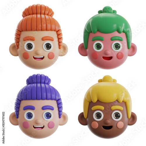 Colorful Cartoon Kids Heads with Different Hair Colors