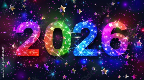 Colorful Neon New Year 2026 Celebration with Sparkling Stars and Confetti