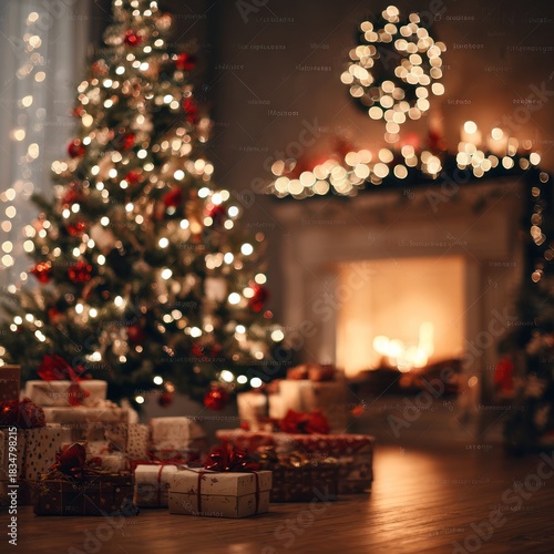 Festive Christmas Tree with Gifts and Warm Fireplace Cozy Holiday Scene