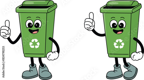 Cartoon recycling bin mascots with thumbs up – eco-friendly waste management illustration