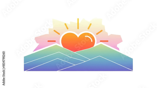 Colorful abstract landscape with vibrant sunrise and stylized heart shape capturing uplifting mood