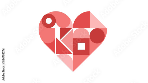 Abstract heart shape composed of geometric elements and shades of red and pink