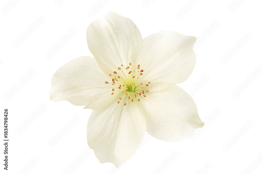 Fototapeta premium Delicate White Flower Blossom with Pistil and Stamens, Capturing Nature's Beauty