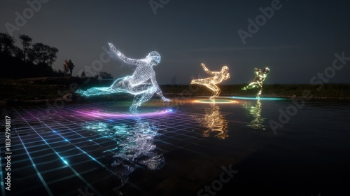 Futuristic Digital Fairy Figures Running Over Water at Night with Neon Lights