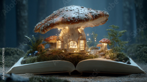 A whimsical mushroom house on an open book with fairy lights in a magical forest scene