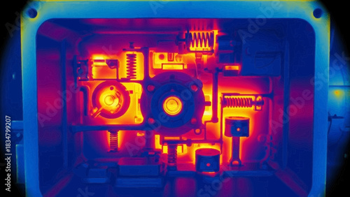 False color thermographic image revealing the heat signatures of industrial equipment.