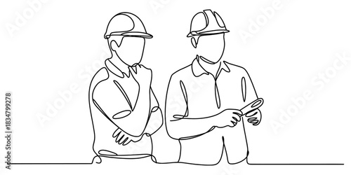 Continuous line art of two construction workers in hard hats, one thinking, the other holding a tool, symbolizing engineering, planning, and teamwork. Vector, illustration