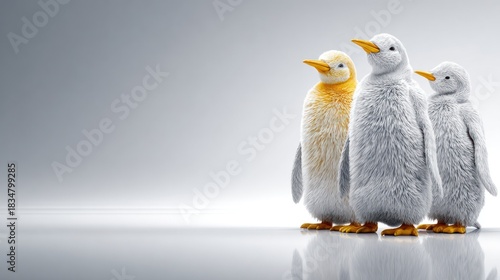 Group of Three Cute Baby Penguins Standing on White Surface in Minimalist Studio